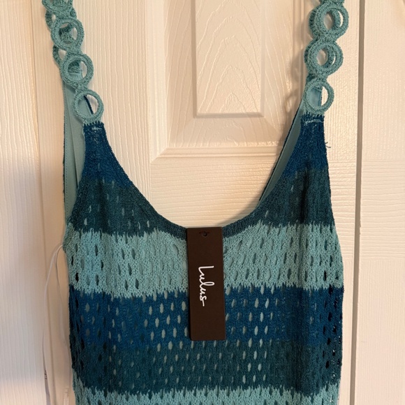 Lulus Picturesque Summer Teal Blue Striped Crochet Midi Dress - Size S - Picture 2 of 6